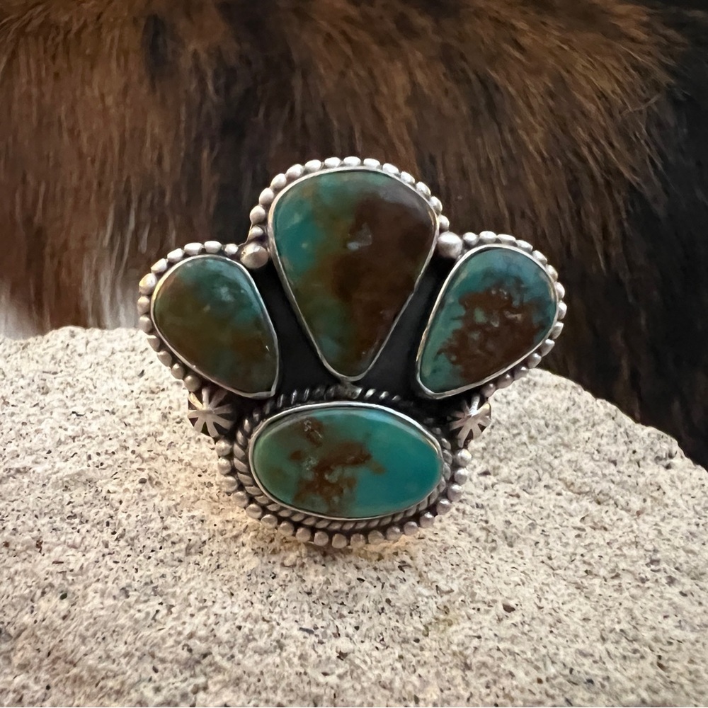 ❤️ Royston Turquoise Bear Paw Matte Sterling Statement Navajo Adjustable Ring